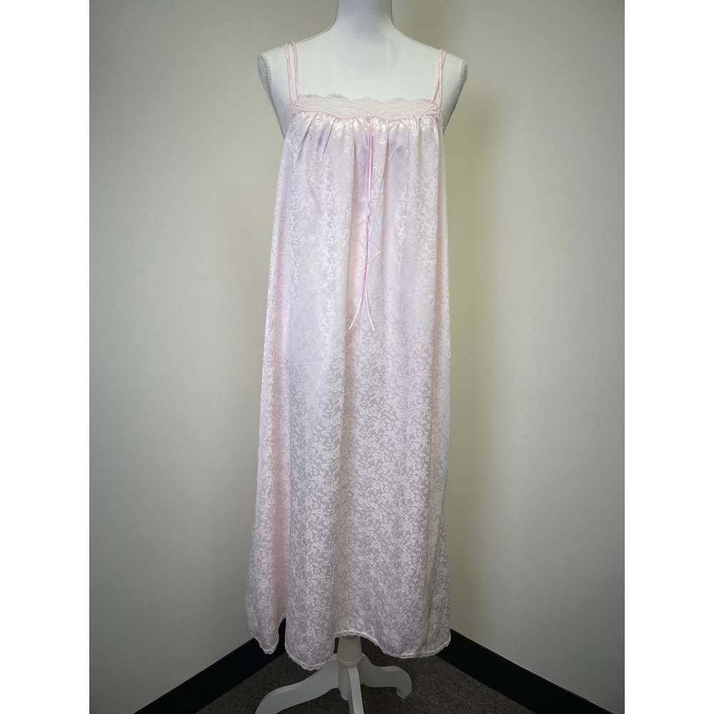 NWT Vintage Lorraine Pink Floral Jacquard Nightgown Lace Trim Maxi Small